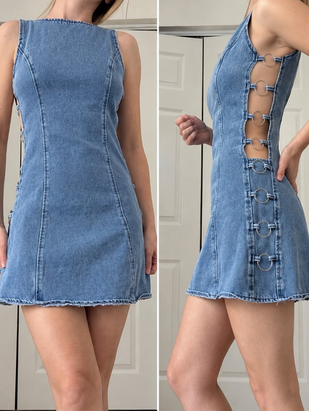 Sleeveless Blue Denim Mini Dress with Side Ring Detail